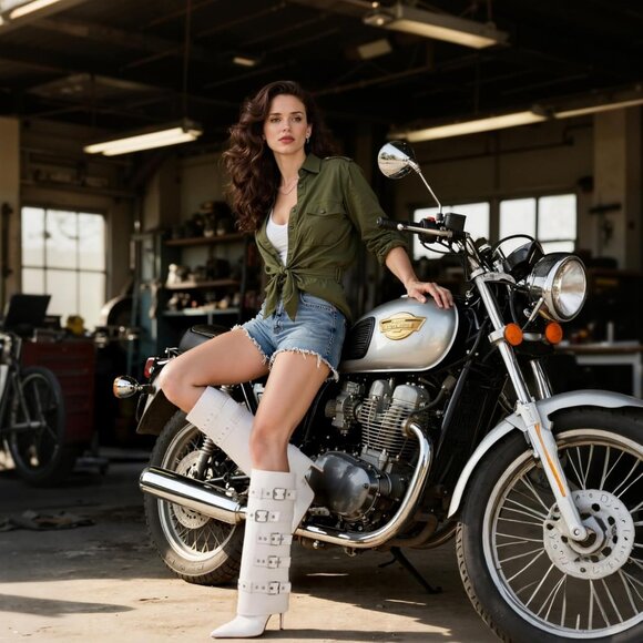 Women's Fold Over Long Tall Leather Buckle Shark Knee High Zipper White Boots - Picture 3 of 6